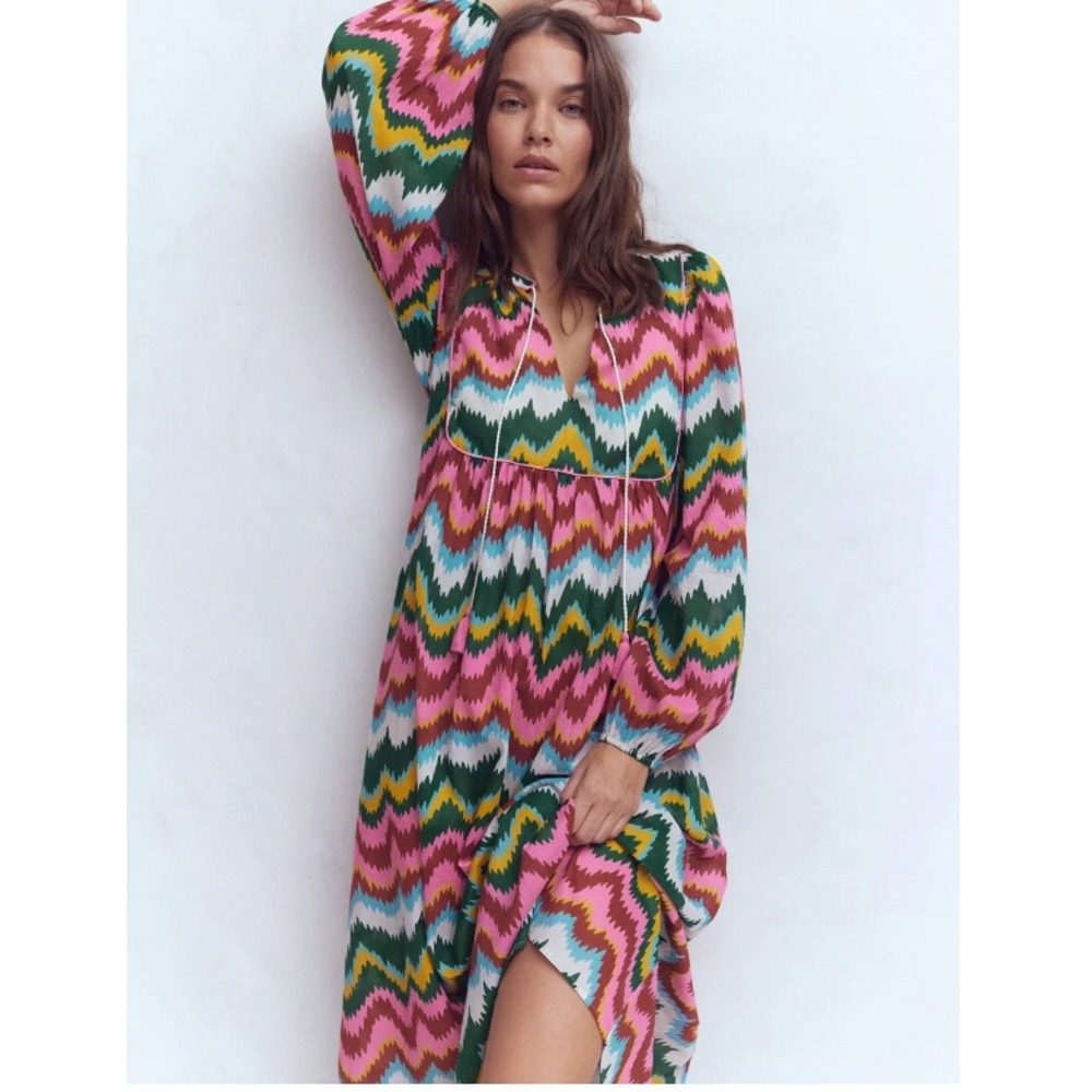 Boden Chevron Zigzag Maxi Dress Pink Green Yellow Tassel Tie US 8R NEW - Picture 5 of 13